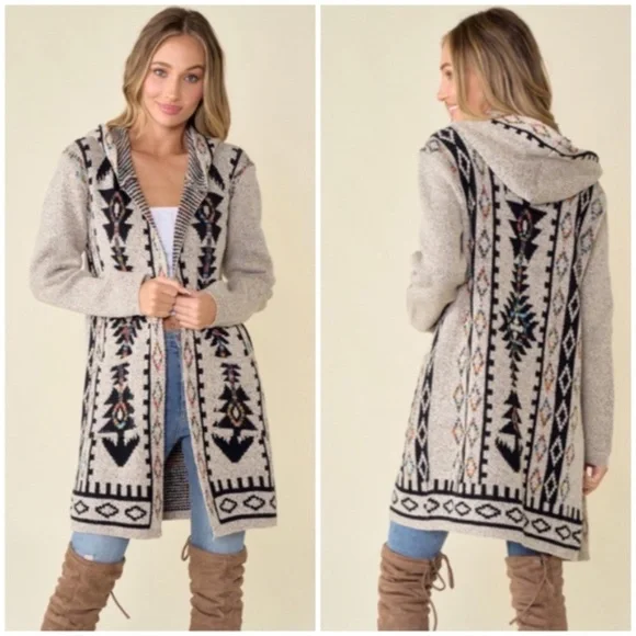 Oatmeal Aztec Rainbow Western Hooded Knit Cardigan Long Sleeve Open Sweater - Picture 1 of 14